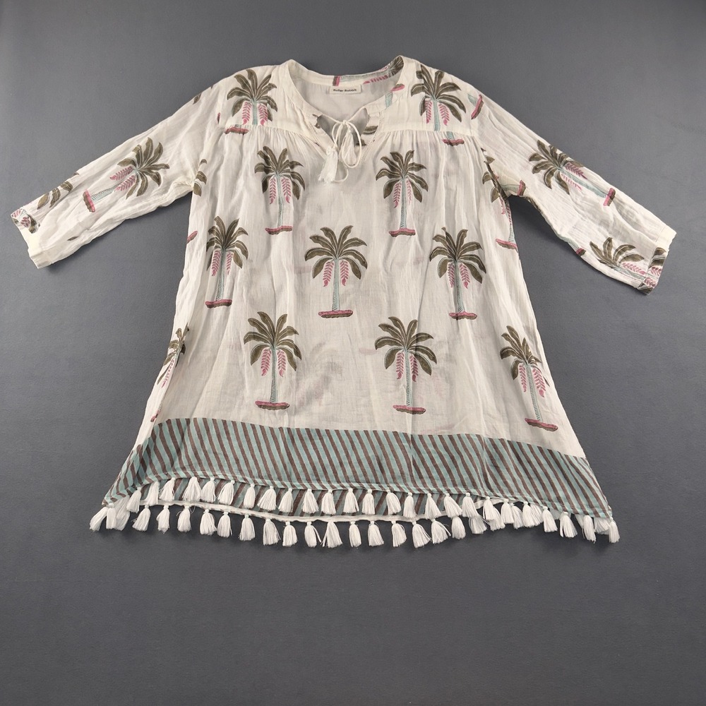 Roller Rabbit Palm Tree Tassel Tunic Dress Swim Cover Up White Cotton